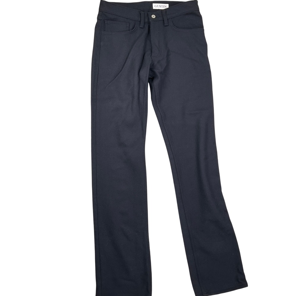 GUSTIN Mens Pants 32W 35L Black Straight Fit Casual Wool Trousers